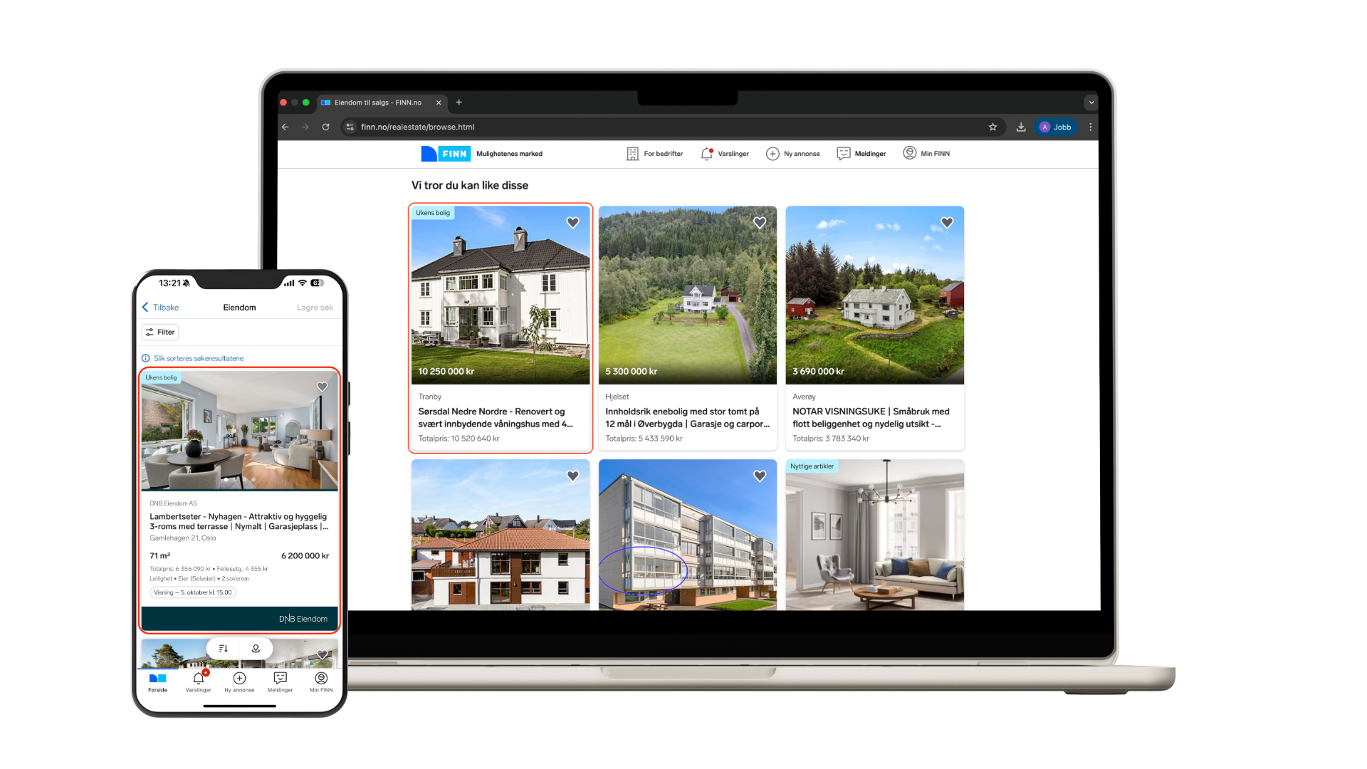 Mobilskjerm og dataskjerm som viser en boligannonse på FINN