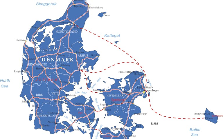Kart over Danmark, Bornholm ligger lengst ut i Østersjøen