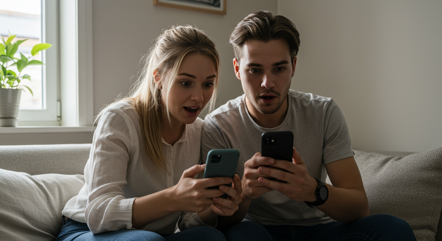 Ungt par sitter tett sammen i en sofa og følger spent med på budrunden på mobiltelefonene sine. Begge ser overrasket og forventningsfulle ut mens naturlig dagslys faller inn fra et vindu ved siden av dem.