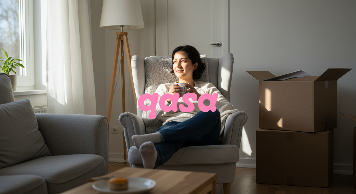 En leietaker sitter avslappet i en lys og moderne stue, med en kopp i hendene. Sollys strømmer inn gjennom vinduet, og noen flytteesker står ved siden av lenestolen, som gir en følelse av ro og ny start i ny bolig.