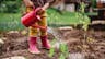 Barn med røde støvler vanner plante