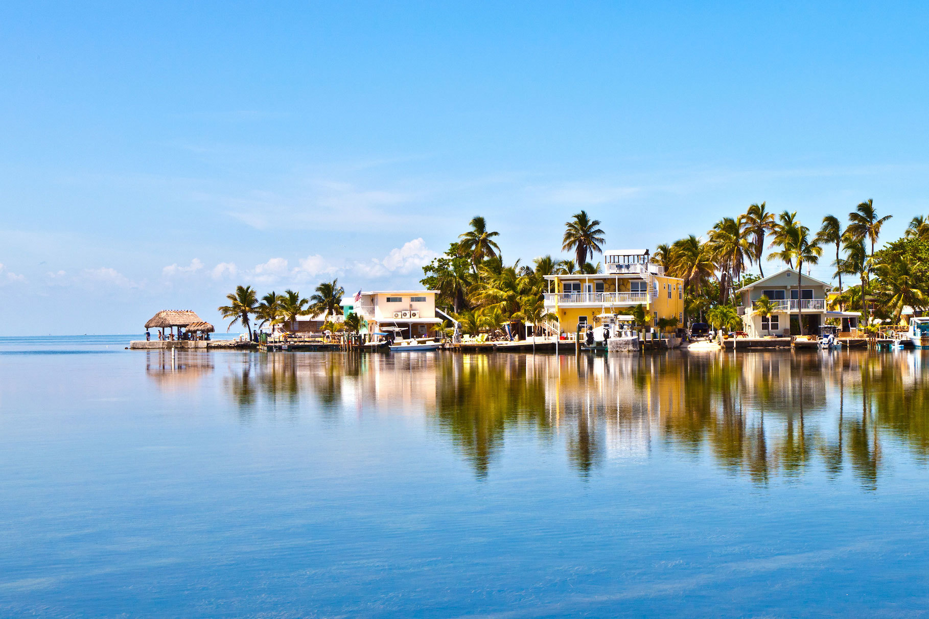 Vann med palmer og feriehus