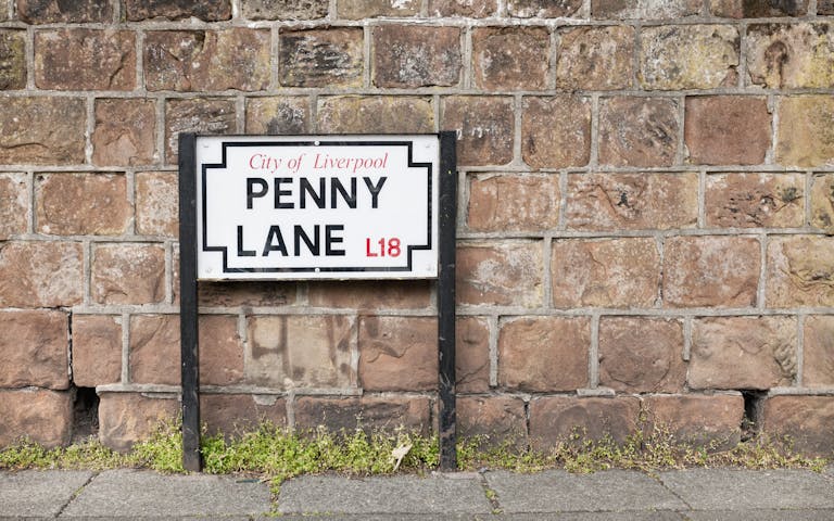 Bilde av gateskiltet Penny Lane, en sang som Beatles ga ut i 1967. En legendarisk gate i Liverpool