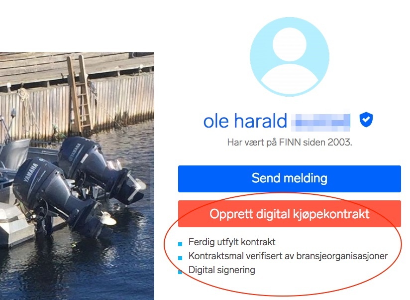 Utsnitt av digital kontrakt for kjøp av båt
