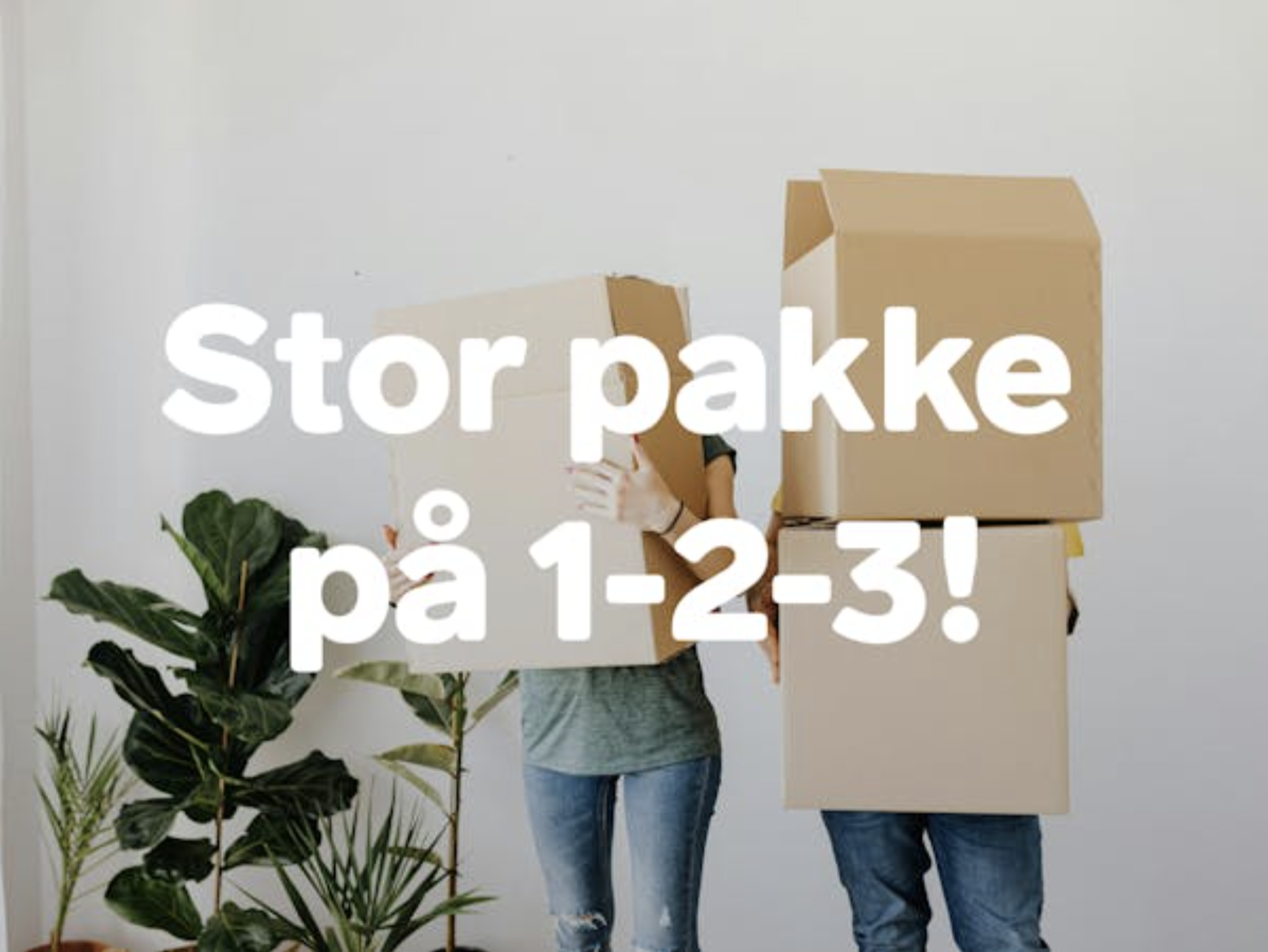 Bildet viser to personer som holder store pappesker foran seg, omgitt av grønne planter i et lyst rom, med teksten "Stor pakke på 1-2-3!" i store, hvite bokstaver, som antyder en enkel og rask pakkehåndtering.