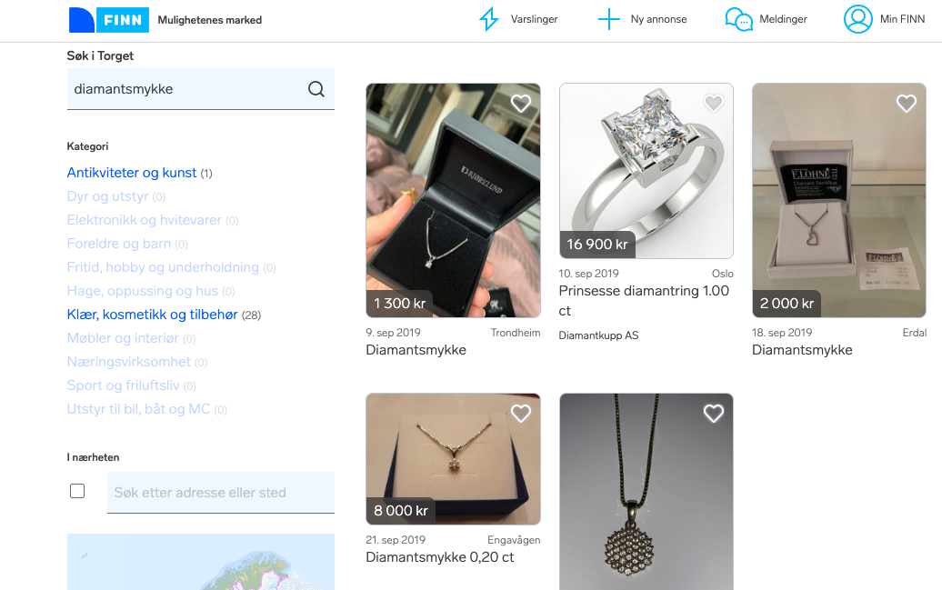 BRUKTE SMYKKER TIL SALGS: Hos FINN er det mange som selger sine brukte smykker. Foto: Skjermdump.