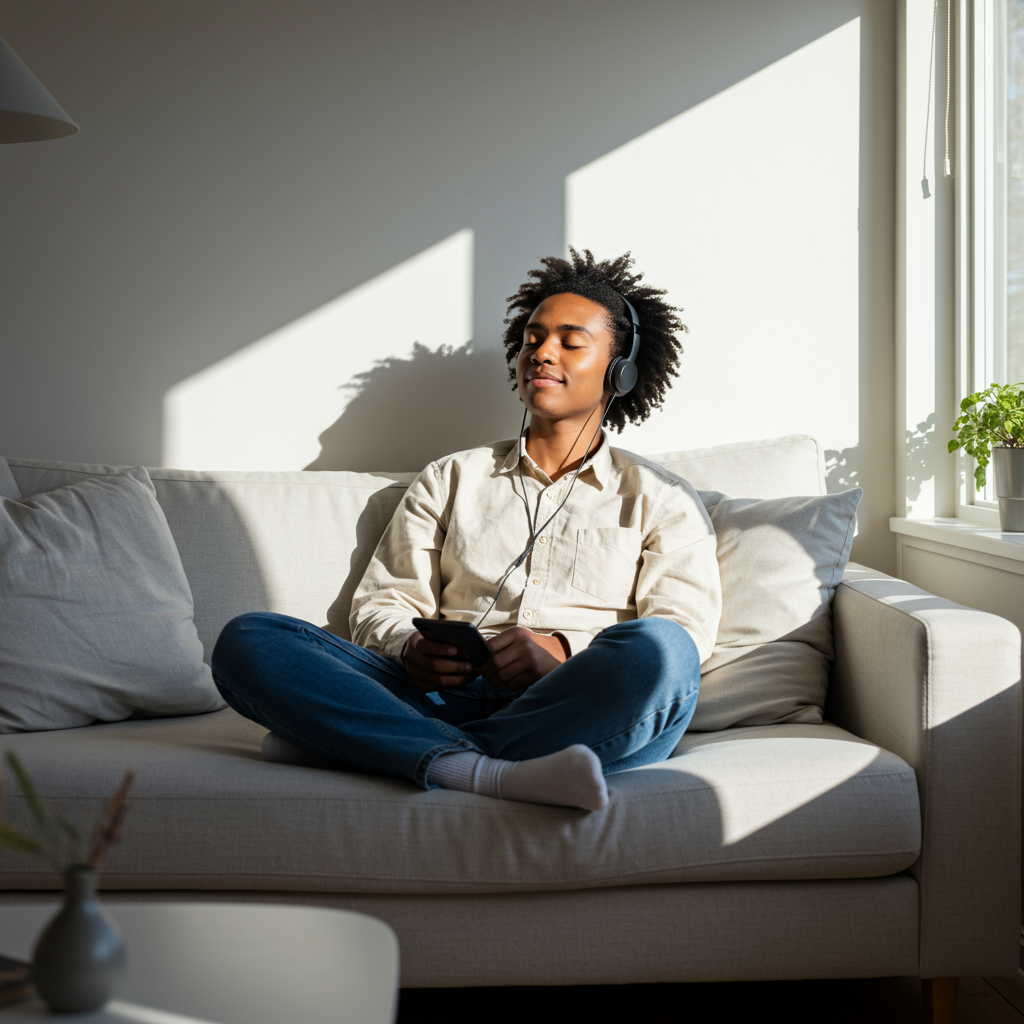 A person sitting cross-legged on a light-colored sofa in a sunlit living room, wearing headphones and holding a smartphone. They appear relaxed with eyes closed, enjoying the music. Sunlight streams through a nearby window, casting soft shadows on the wall, and a small plant is visible on the windowsill.