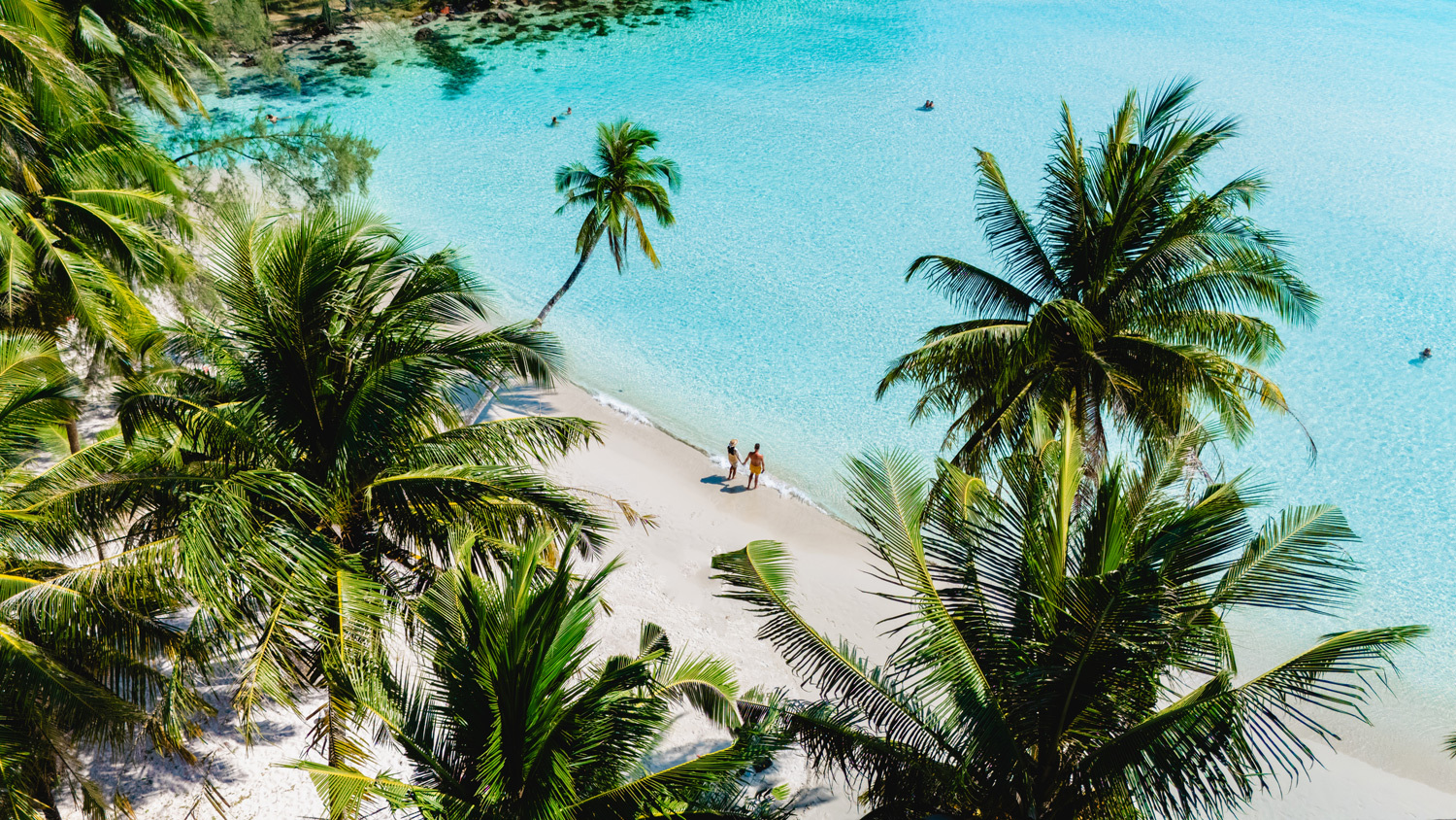 To personer går langs en hvit sandstrand omgitt av palmer, ved klart turkisblått vann på Koh Kood i Thailand.